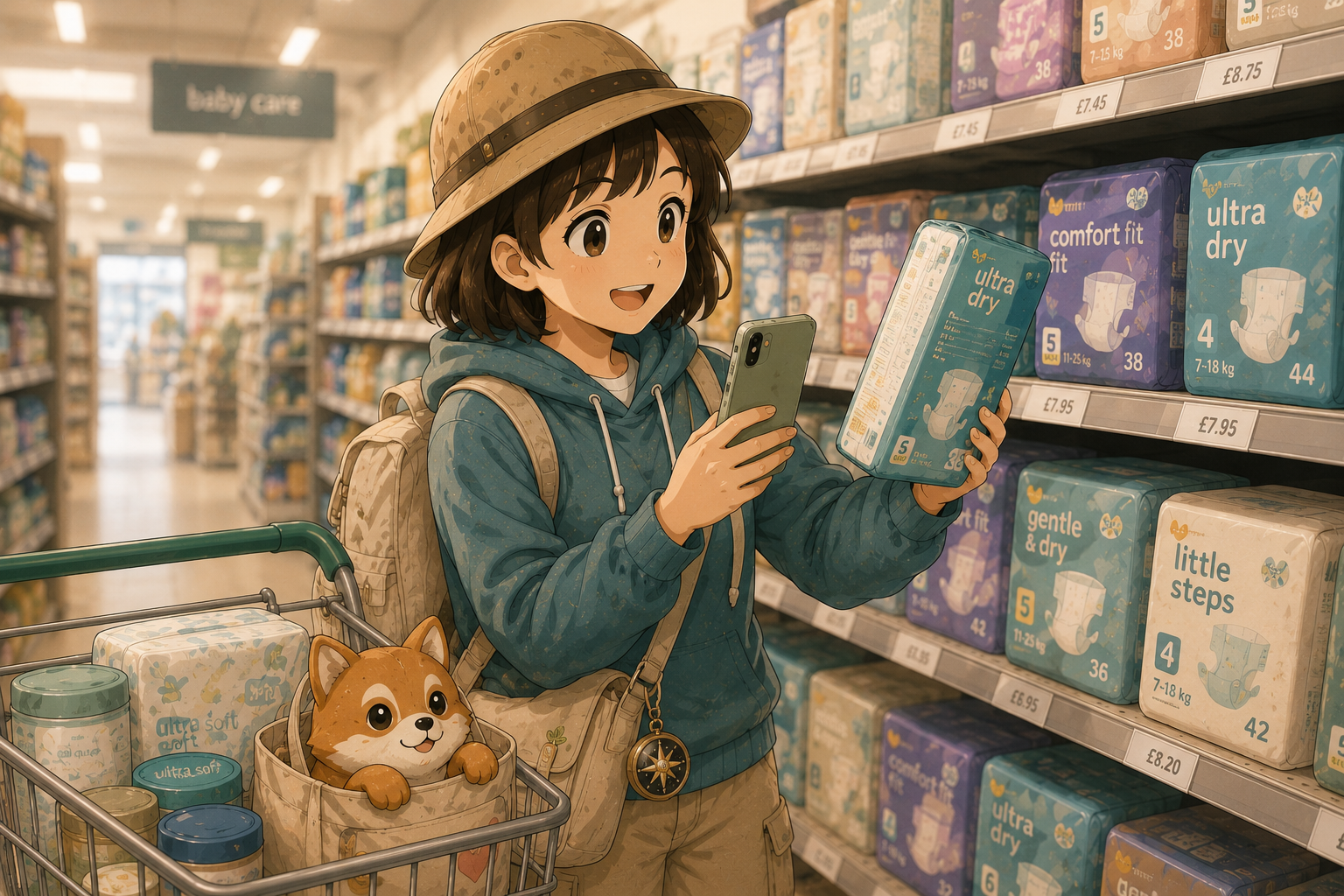 The Guide comparing a product in a supermarket aisle, with her stuffed fox in the trolley.